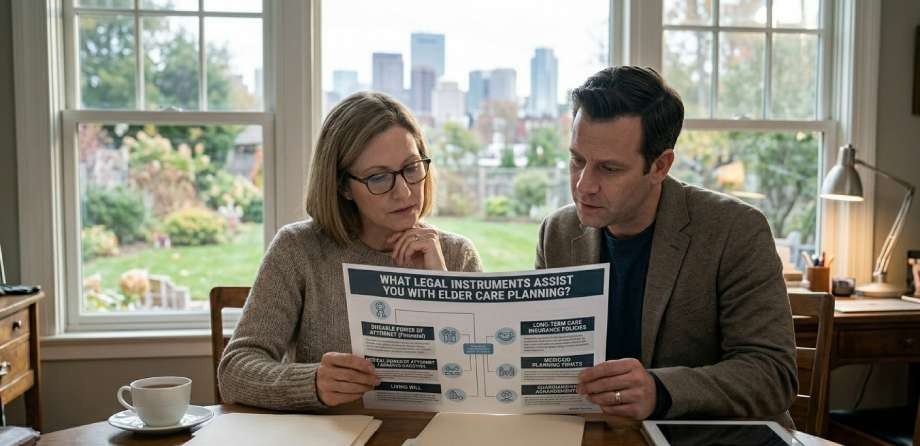 Professional couple reviewing elder care legal planning documents in home office.