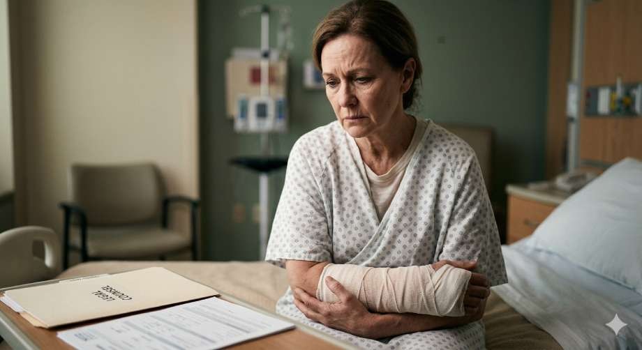 Injured woman with bandaged arm sitting on hospital bed with documents.