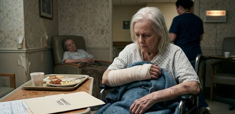 Elderly woman in a wheelchair with arm cast in a nursing home.