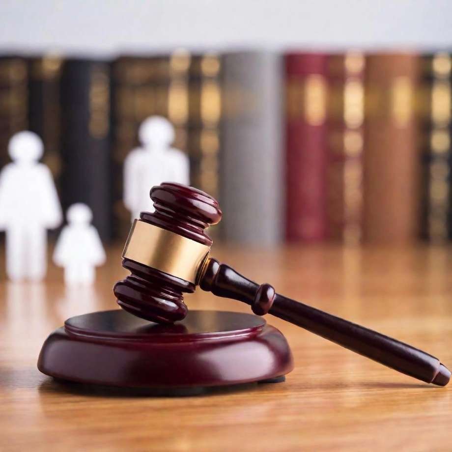 Wooden gavel on sound block with blurred family paper cutouts.