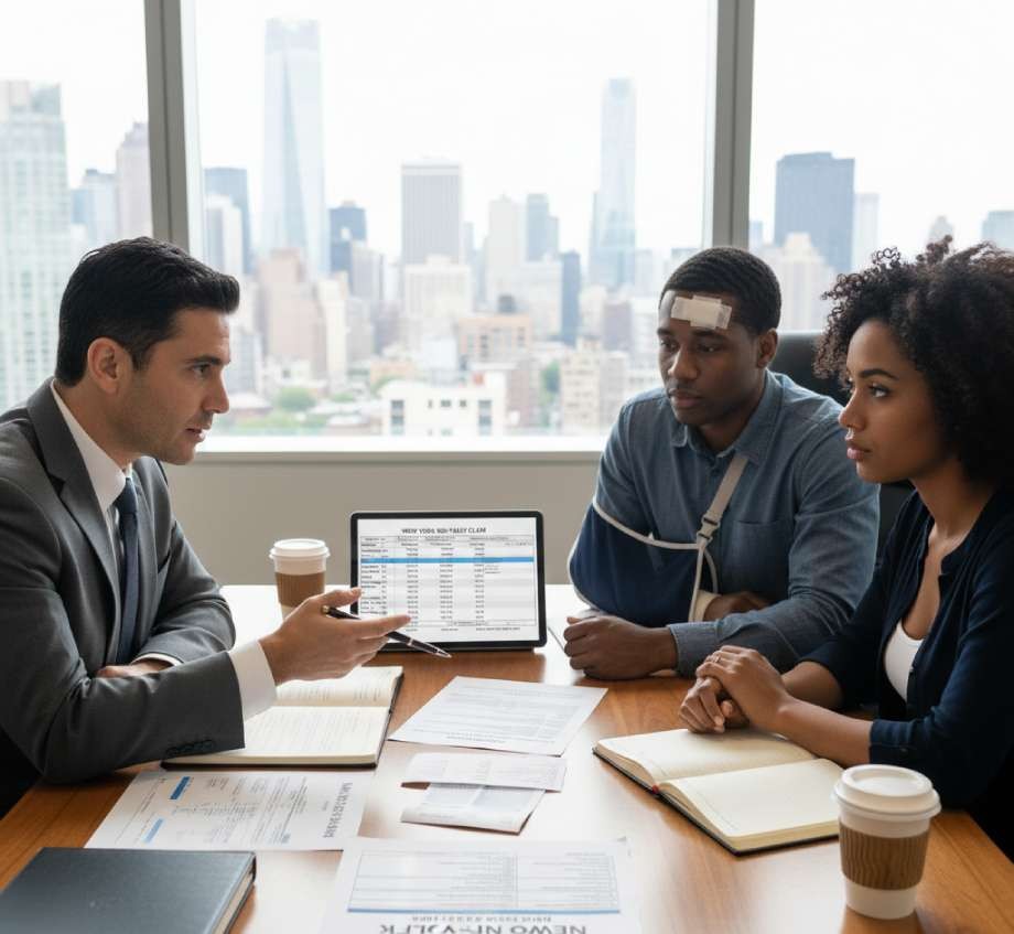 Attorney consulting with injured couple in office about insurance claim.