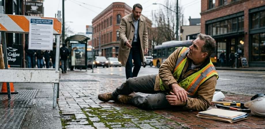 Injured worker in safety vest receiving assistance after city sidewalk fall.