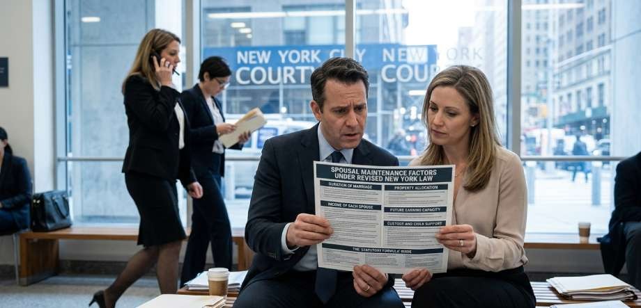 Legal professionals reviewing spousal maintenance documentation inside a New York courthouse.