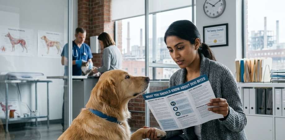 Woman reviewing dog bite legal information pamphlet inside professional veterinary clinic.