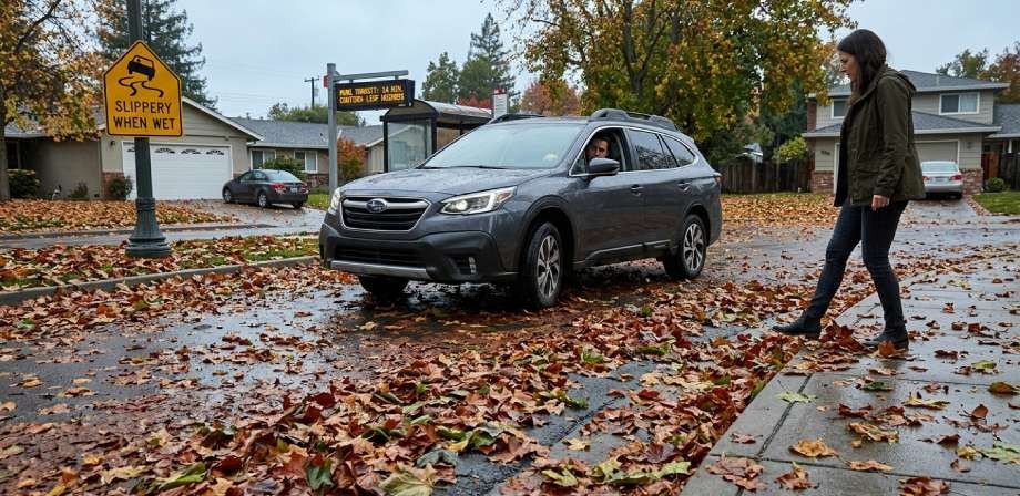 Grey SUV driving on wet suburban street covered in fallen leaves.