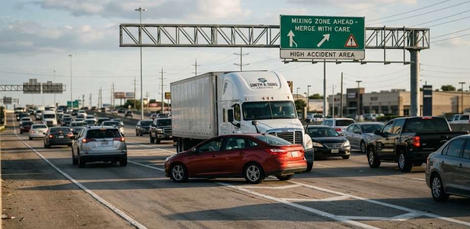 Heavy highway traffic featuring a large white semi-truck and passenger cars.