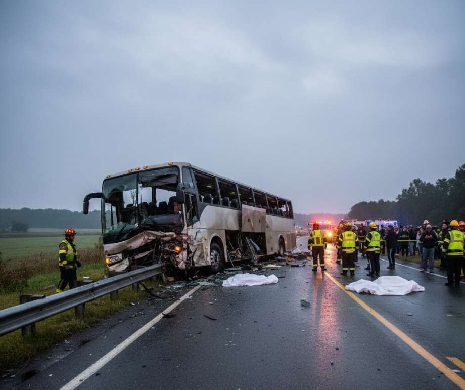Emergency responders attending to a major bus accident on a wet highway.