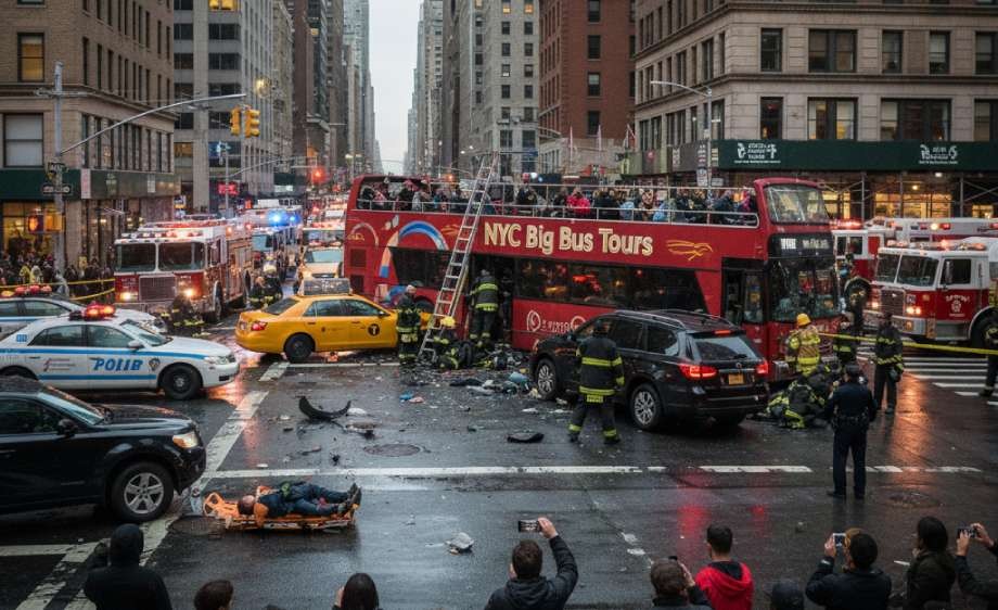 Emergency vehicles and first responders at the scene of a double-decker bus accident in a city.