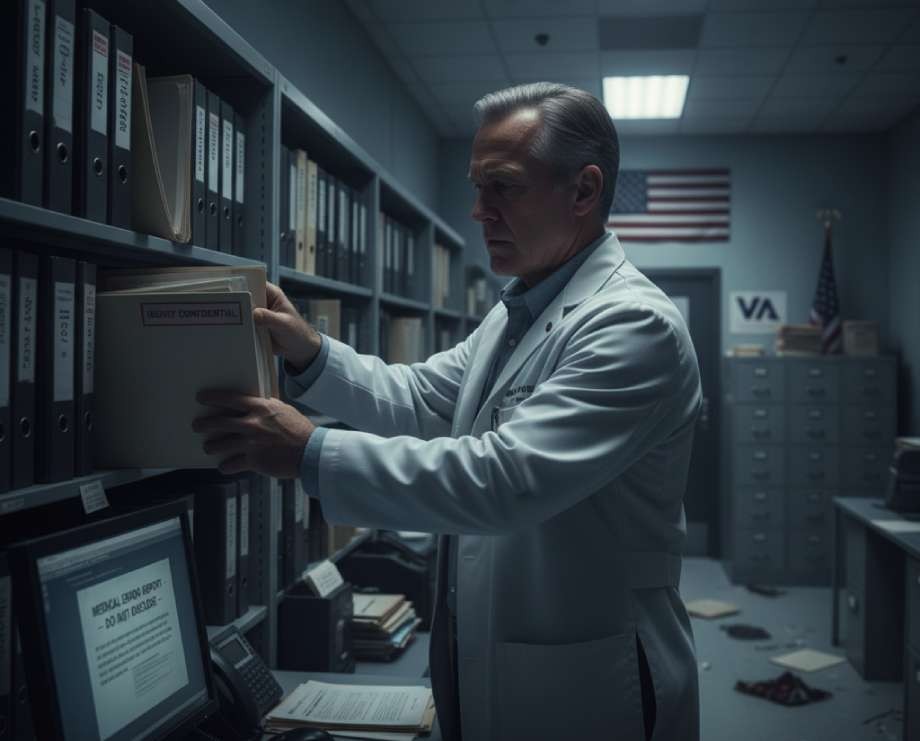 Professional man in a white lab coat reviewing files in an organized records office.