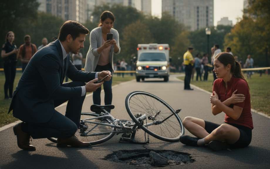 A man assists an injured cyclist on a paved park path.