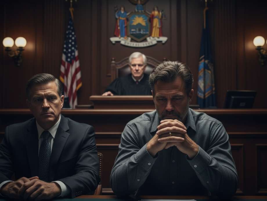 Judge presiding over courtroom with two men seated at defense table.