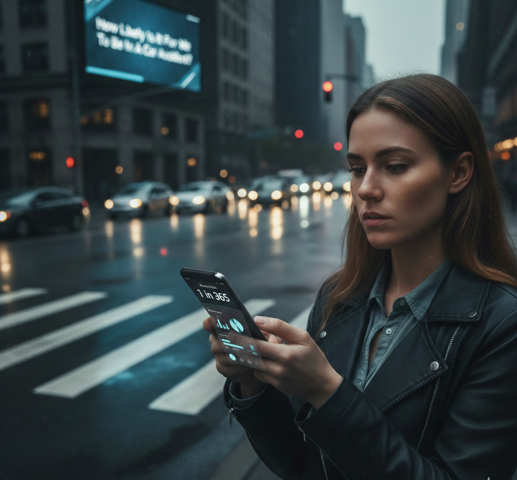 Professional woman checking digital traffic accident statistics on smartphone in city.