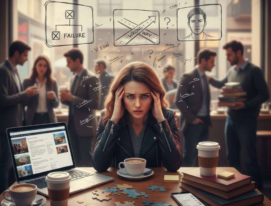 Stressed professional woman managing complex digital information and legal strategy diagrams.