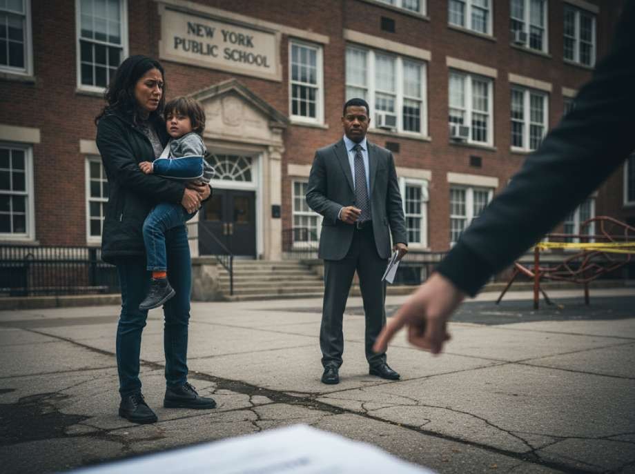 Concerned mother holding injured child outside New York Public School building.