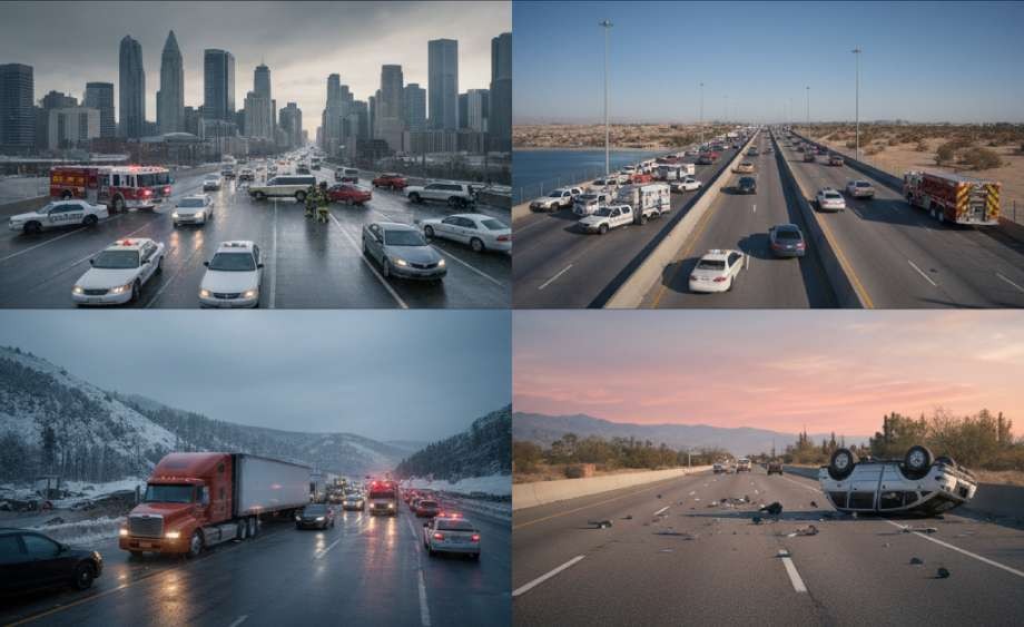 Multiple highway traffic accidents involving commercial vehicles and emergency response units.