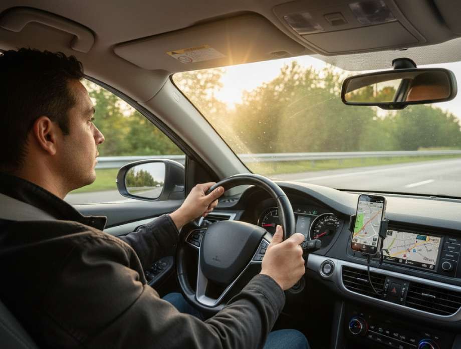 Man driving a car on a highway during a bright sunset.