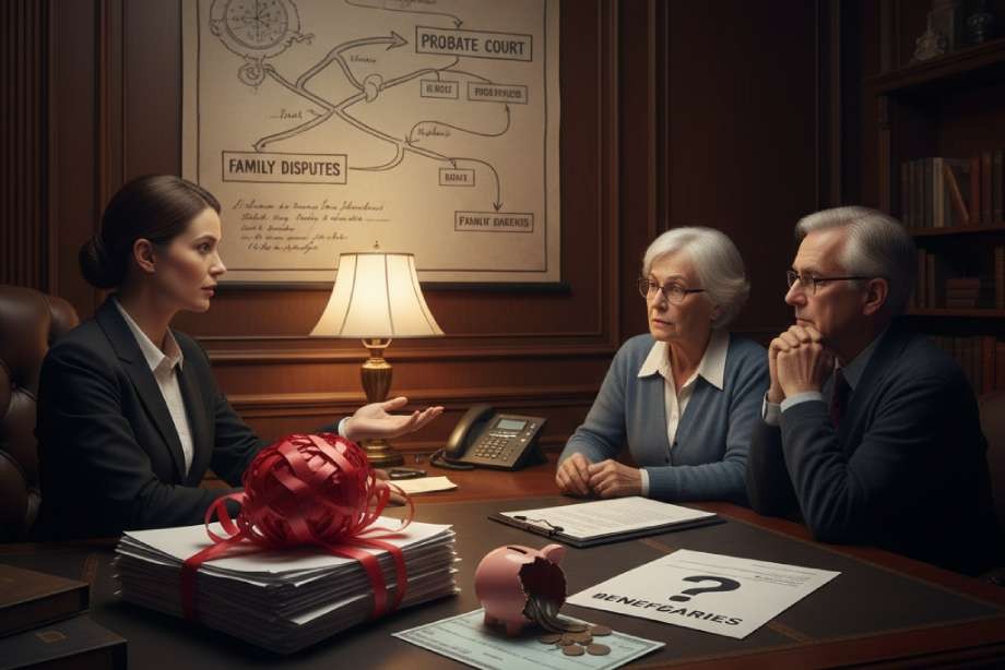 Professional female attorney consulting with senior couple in dark wood office.