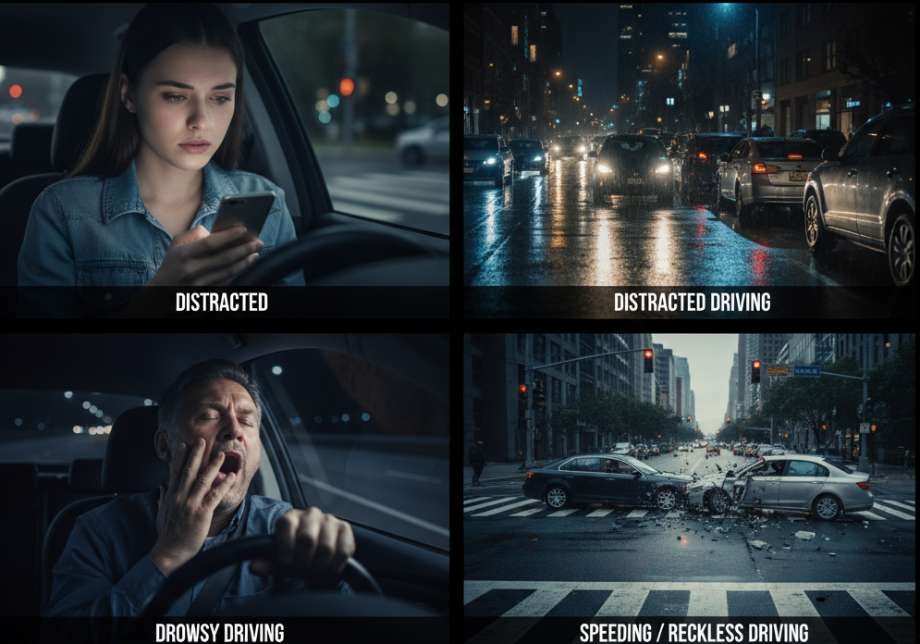Four-panel collage showing distracted night driving leading to a car accident.