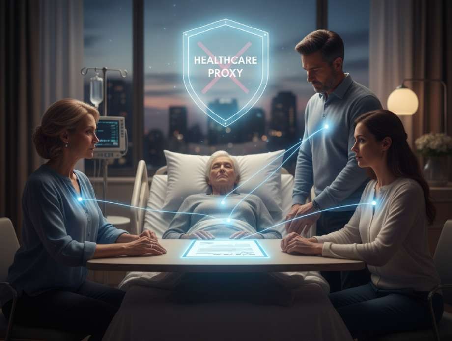 A family gathered around an elderly patient's hospital bed with a digital shield overlay.