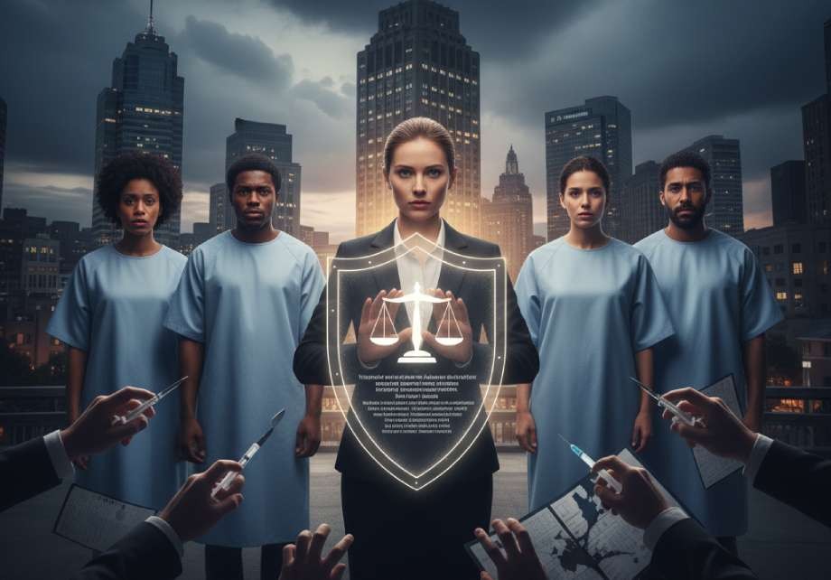 Legal professional shielding hospital patients from medical malpractice with symbolic justice.