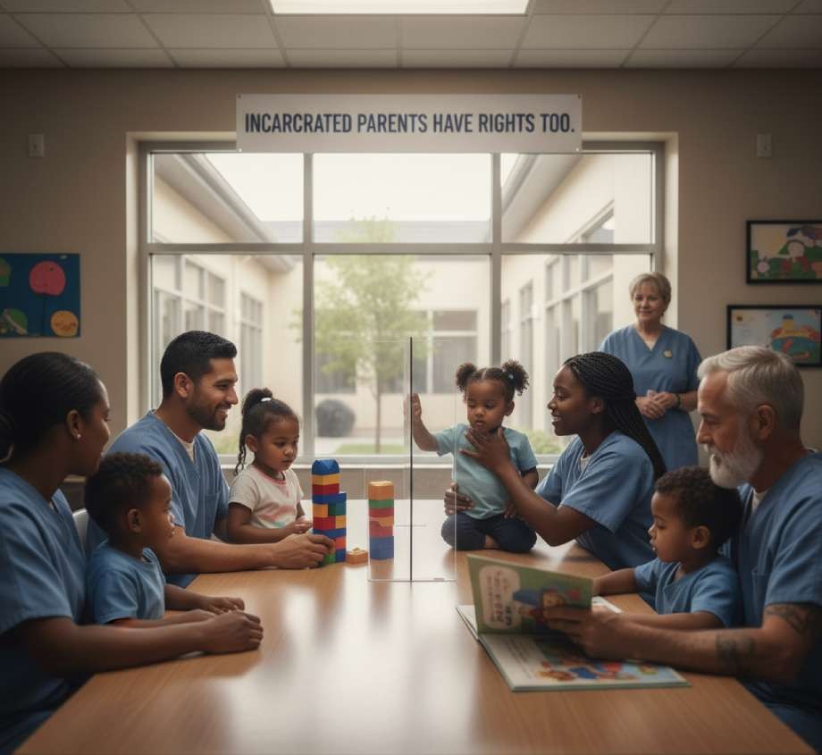 Incarcerated parents visiting with their children in professional correctional facility setting.