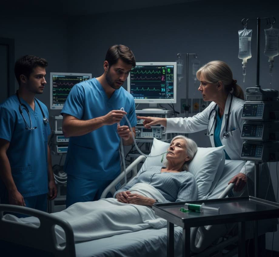 Medical staff in scrubs and a lab coat attend to an elderly patient in a hospital bed.