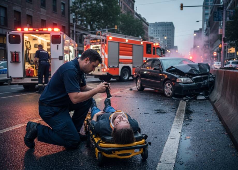 A paramedic tending to an injured person on a stretcher at a car accident scene.