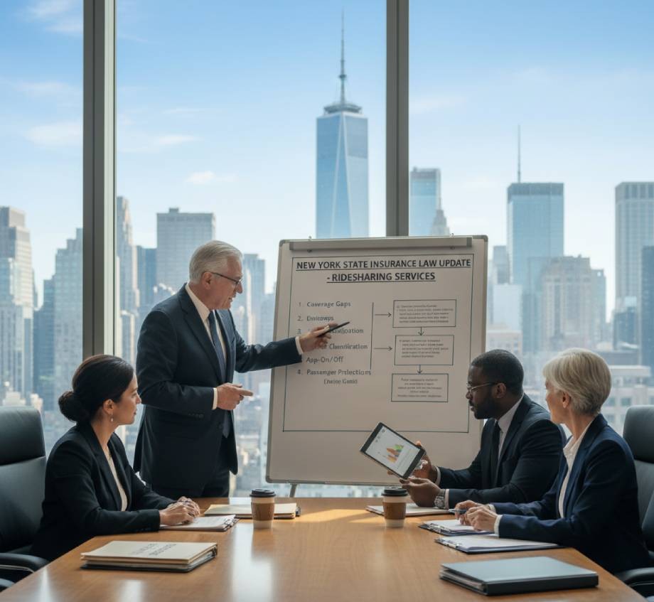 Legal team discussing New York ridesharing insurance law updates in office.