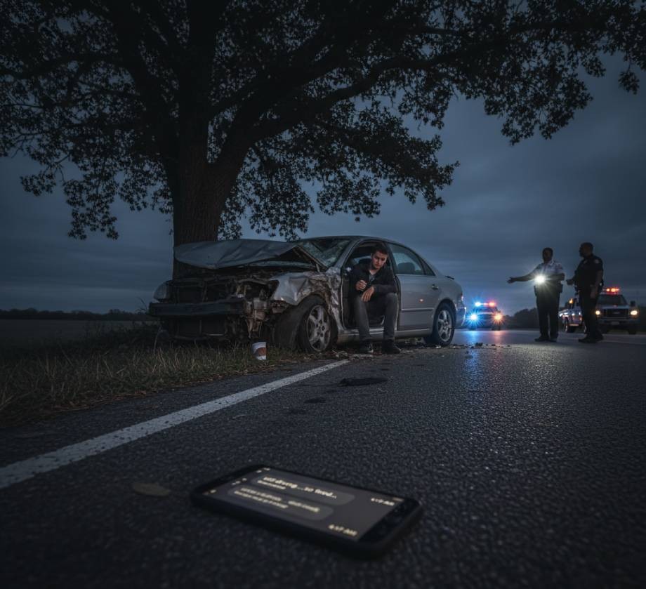 A damaged car sits under a tree at a nighttime accident.