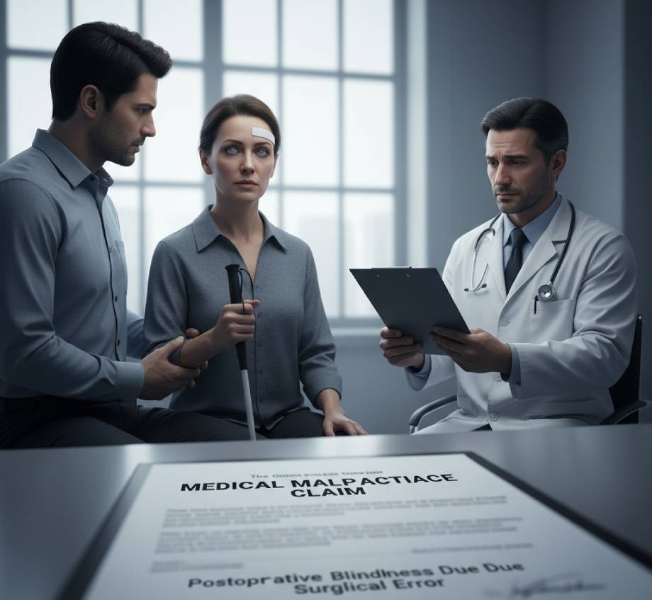 Injured patient with legal representation reviewing medical malpractice surgical error claim.