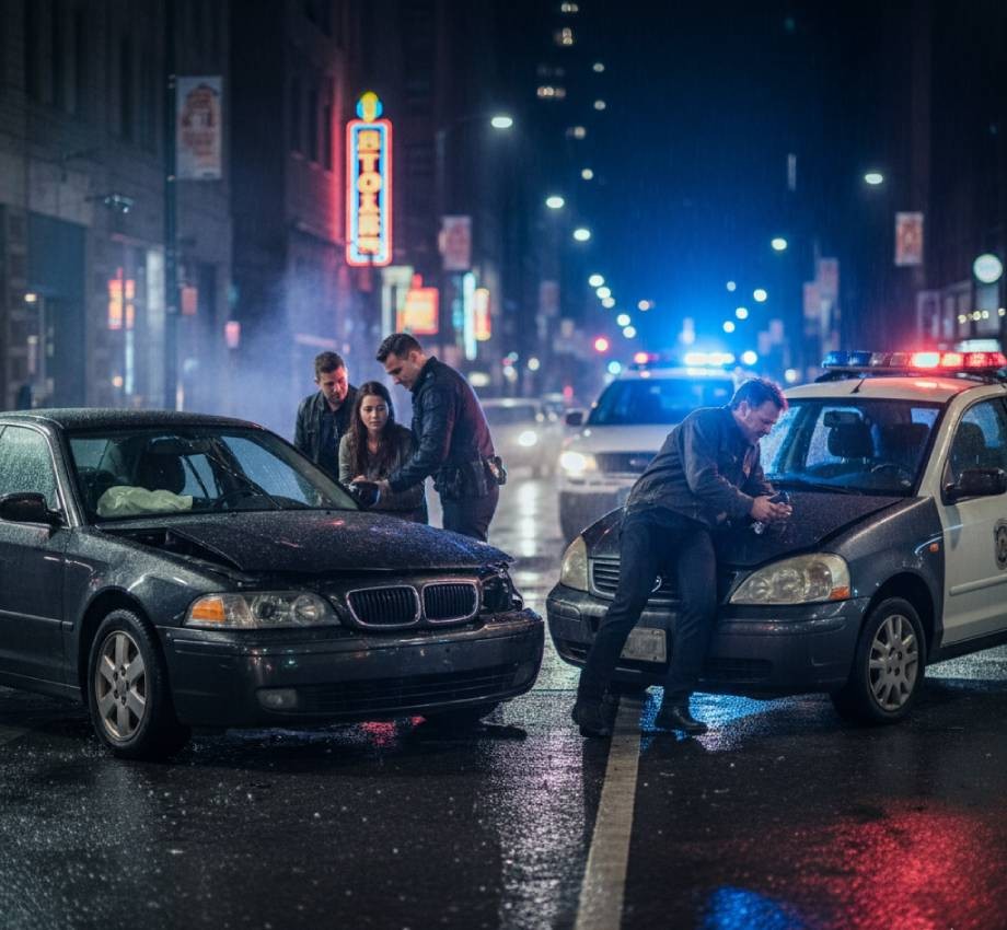 Police investigate a car accident on a rainy city street.