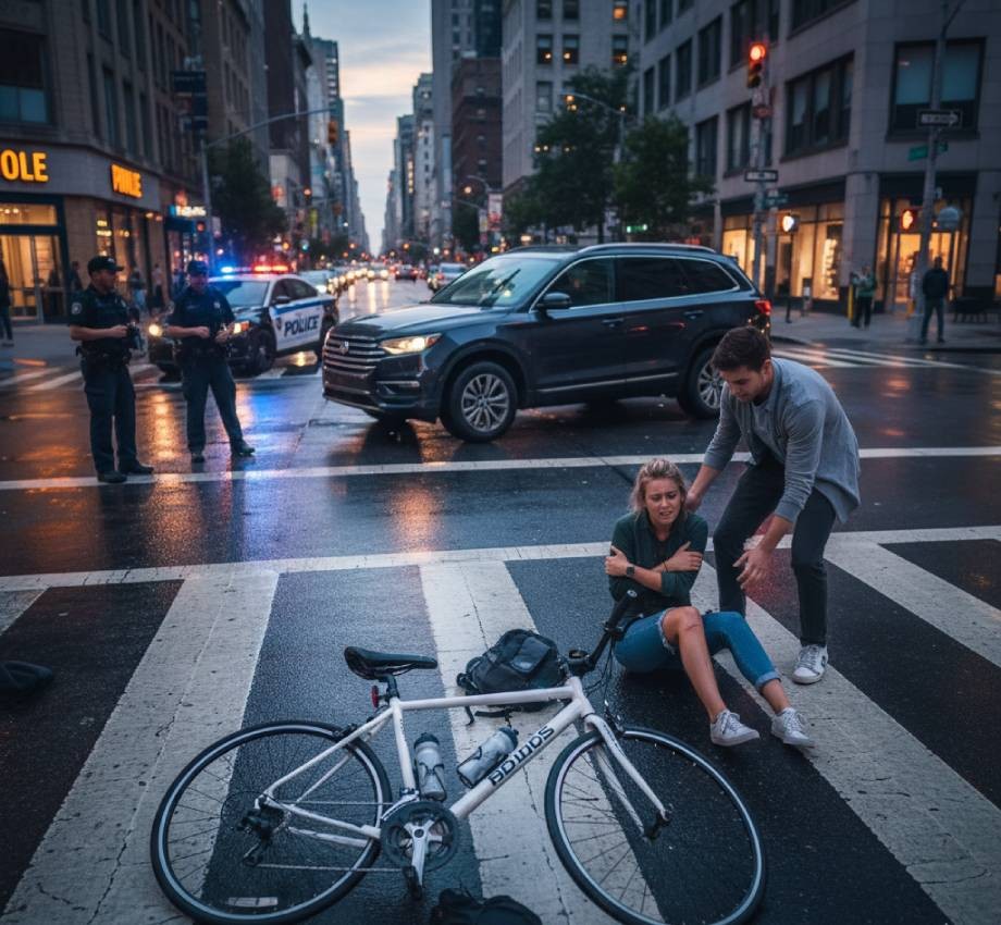 Injured cyclist receiving help at a city crosswalk after an accident.