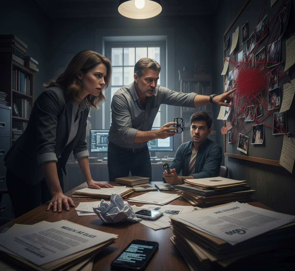 Legal team analyzing evidence on a case board in a dim office.