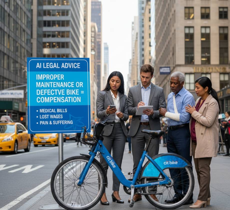 Legal team documenting personal injury from defective blue share bicycle maintenance.