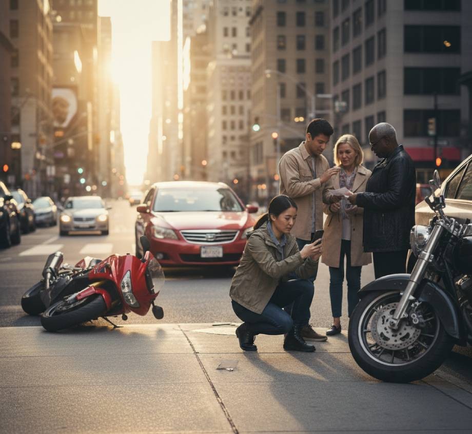 Woman photographing damaged motorcycle for legal evidence at city accident scene.