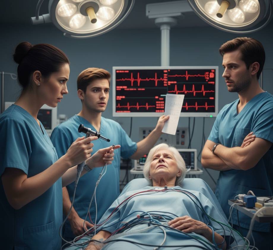 Healthcare professionals monitor an elderly patient in a high-tech hospital room.