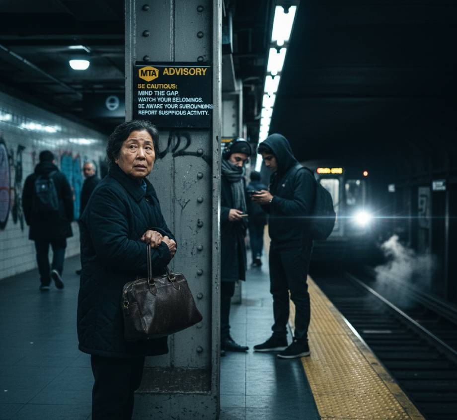 Elderly woman standing near MTA safety advisory sign on subway platform.
