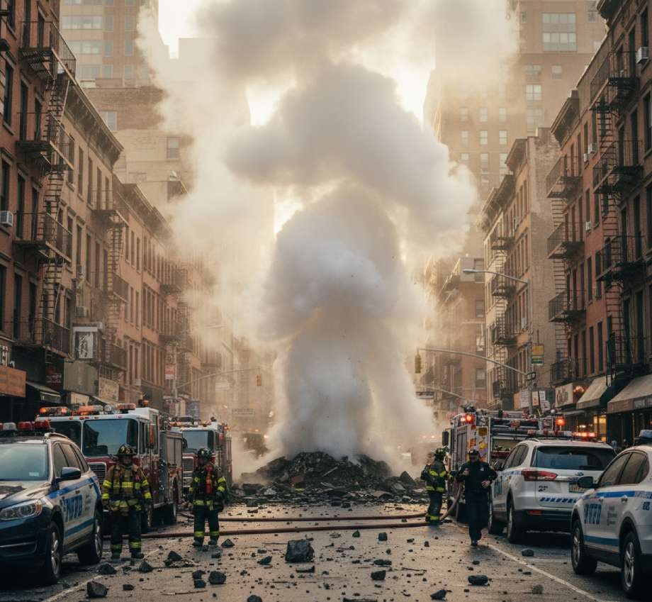 Emergency crews responding to a steam explosion on a city street.