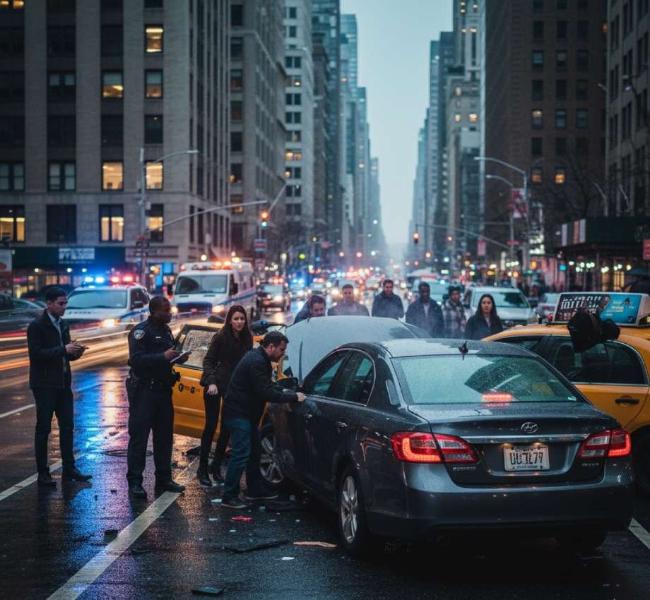 Emergency scene with police and car breakdown on busy city street.