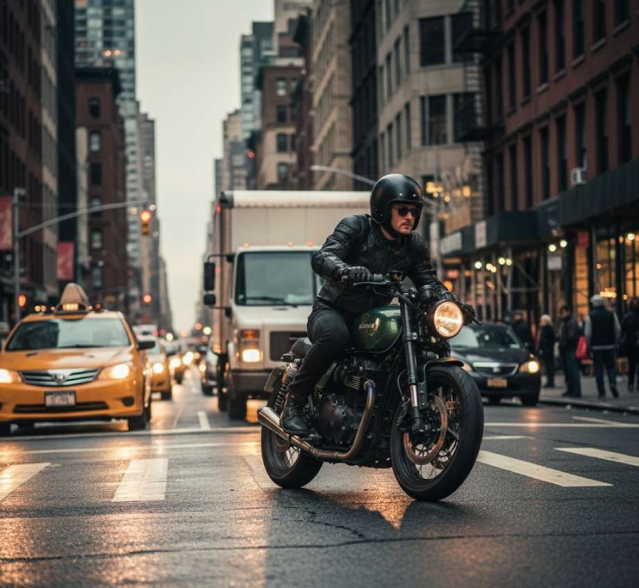 Motorcyclist in black gear riding through busy city traffic at dusk.