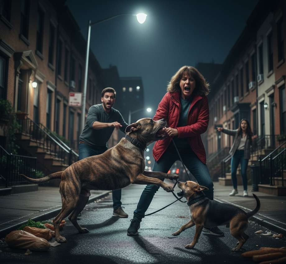 Two dogs aggressively confront each other on a city street at night, with alarmed people trying to intervene, mindful of the "Dangerous Dog" Statute. Scattered groceries are visible on the wet pavement.