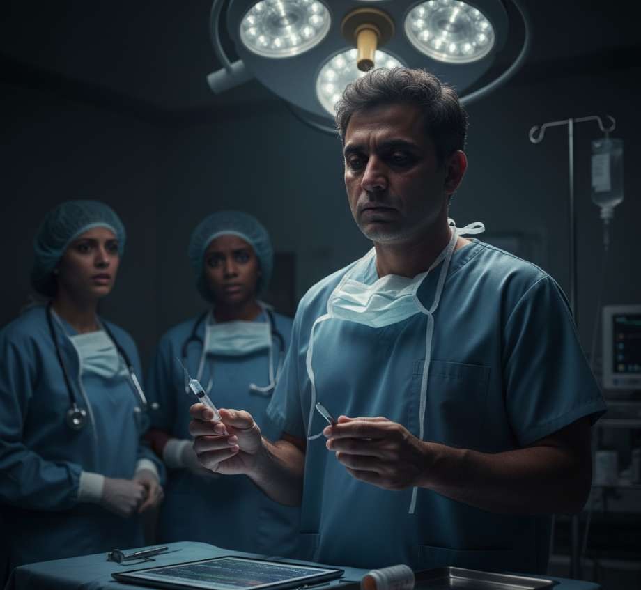 Three medical professionals in scrubs stand in an operating room under surgical lights, with one holding a syringe and vial while others observe attentively, reflecting on the link between physician burnout and medical errors.