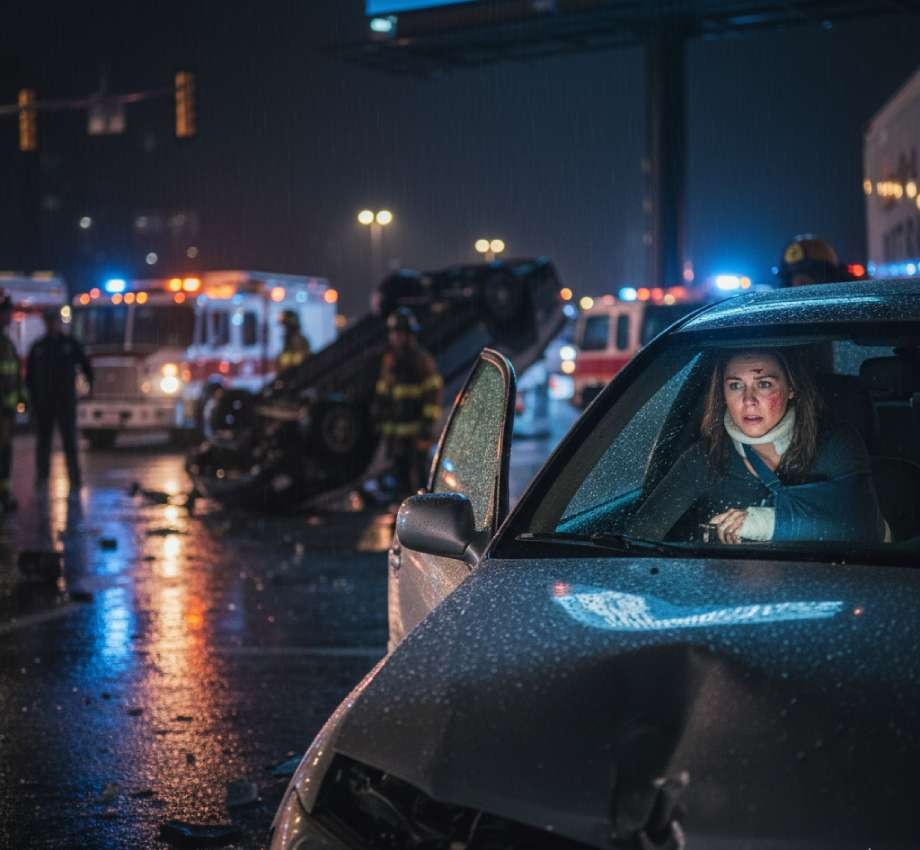 A woman sits in a damaged car at night amid a multi-vehicle accident scene with emergency responders and overturned vehicles in the background, highlighting the risk of 5 Common Car Accident Injuries.