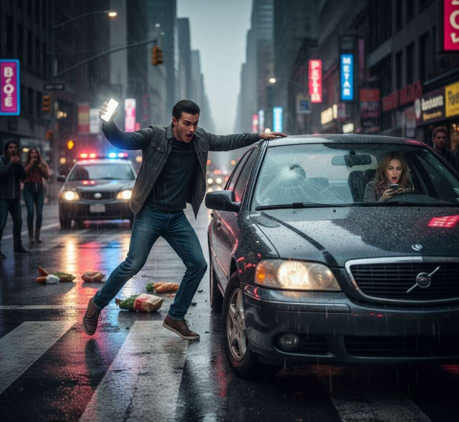A man holding a glowing device gestures urgently at a car stopped in a crosswalk on a rainy city street—a scene highlighting causes of pedestrian accidents NYC, as a woman sits inside the car and onlookers watch.