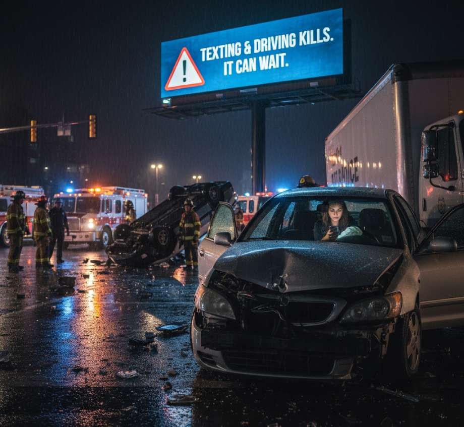 First responders at a nighttime car accident scene with a warning billboard overhead.