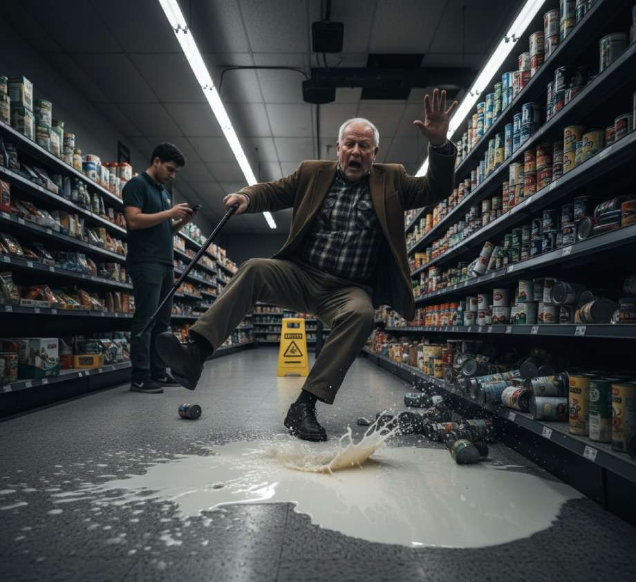 An elderly man slips on spilled milk in a supermarket aisle near a yellow caution sign.
