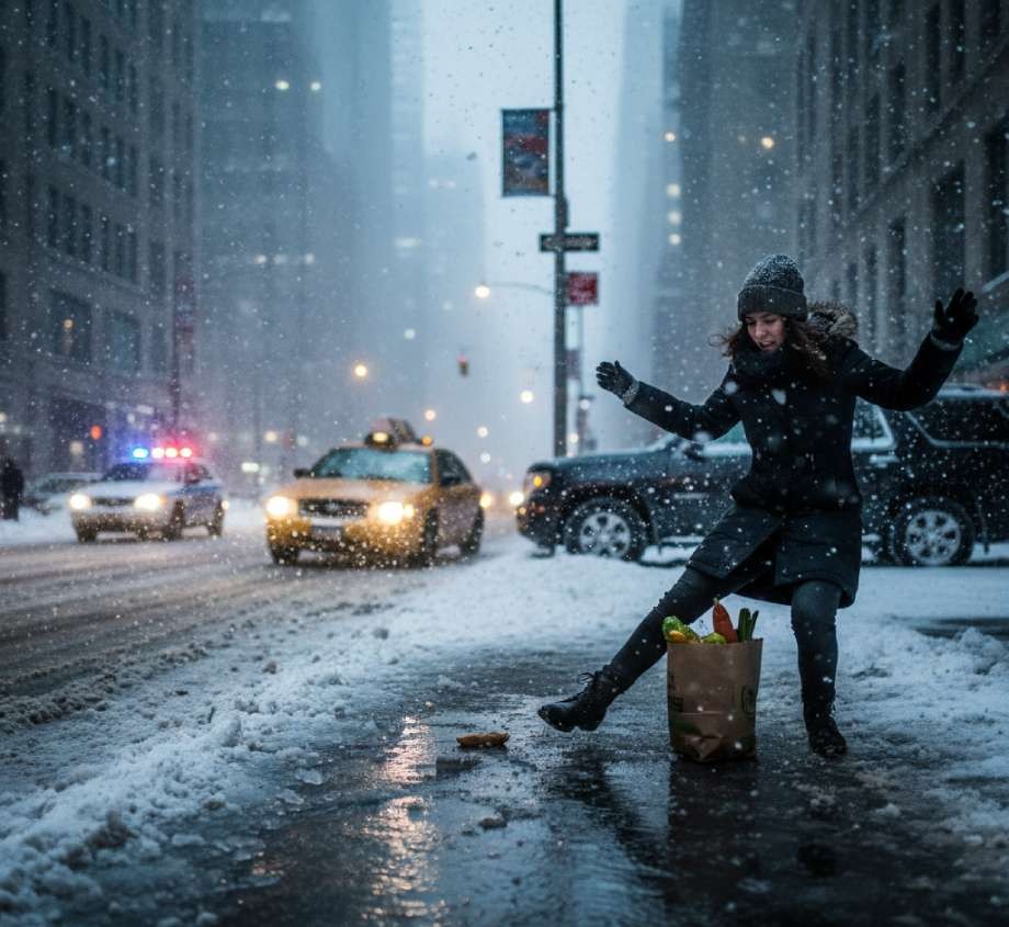 A woman losing her balance on a slippery, snow-covered street in New York City.