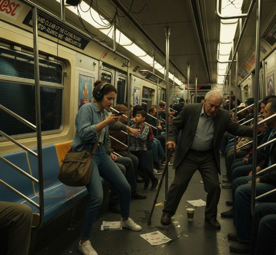 Passengers on a subway react as an elderly man with a cane loses balance, highlighting how users of the NYC Subway System are at risk of potential injuries while a young woman with headphones steps aside and others look on with concern.
