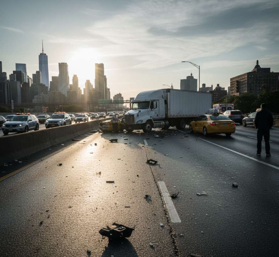 A large truck and yellow car involved in a collision block multiple lanes on a city highway, with debris scattered and traffic backed up at sunset—a scene common in Truck Accidents New York City faces frequently.