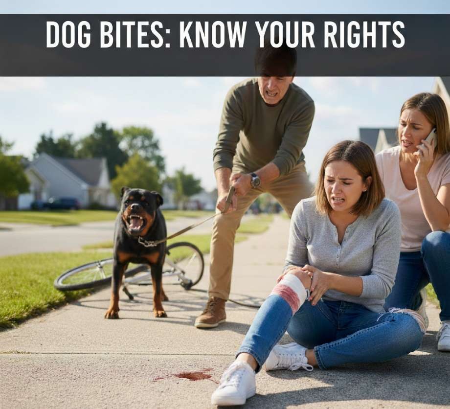 A woman sits on the sidewalk with a bleeding leg injury from a dog bite, another woman calls for help, and a man restrains an aggressive dog. Text reads: "Injuries from Dog Bites: Know Your Rights.